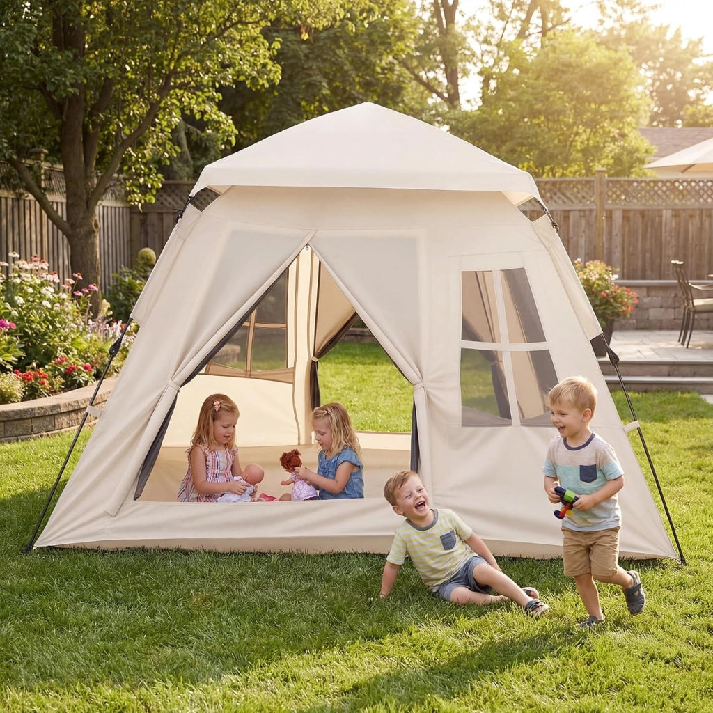Tenda da Campeggio 3-4 Persone, Tenda Familiare con 4 Finestre Antizanzare Traspiranti e 2 Porte, Telo Antipioggia Rimovibile e Protezione Solare, Facile da Montare