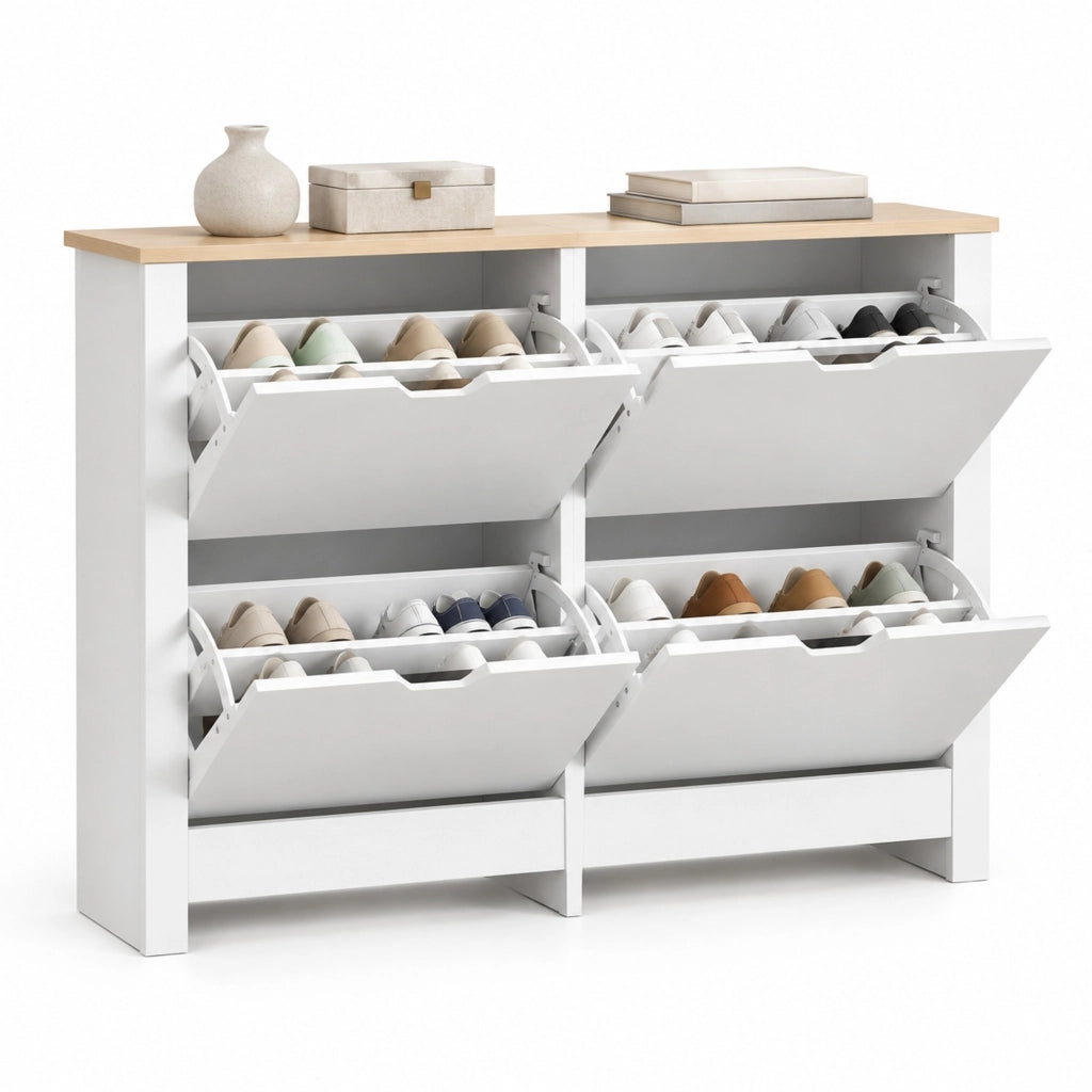 Scarpiera con 4 cassetti estraibili e ripiani; 105 x 26 x 80 cm; bianco