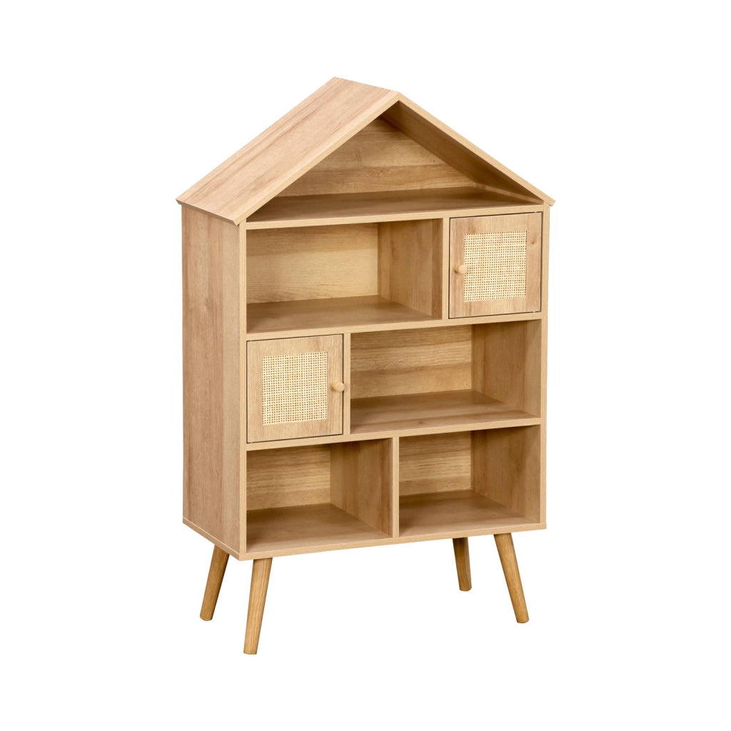 Libreria per bambini effetto legno e canna, 7 scomparti, marrone