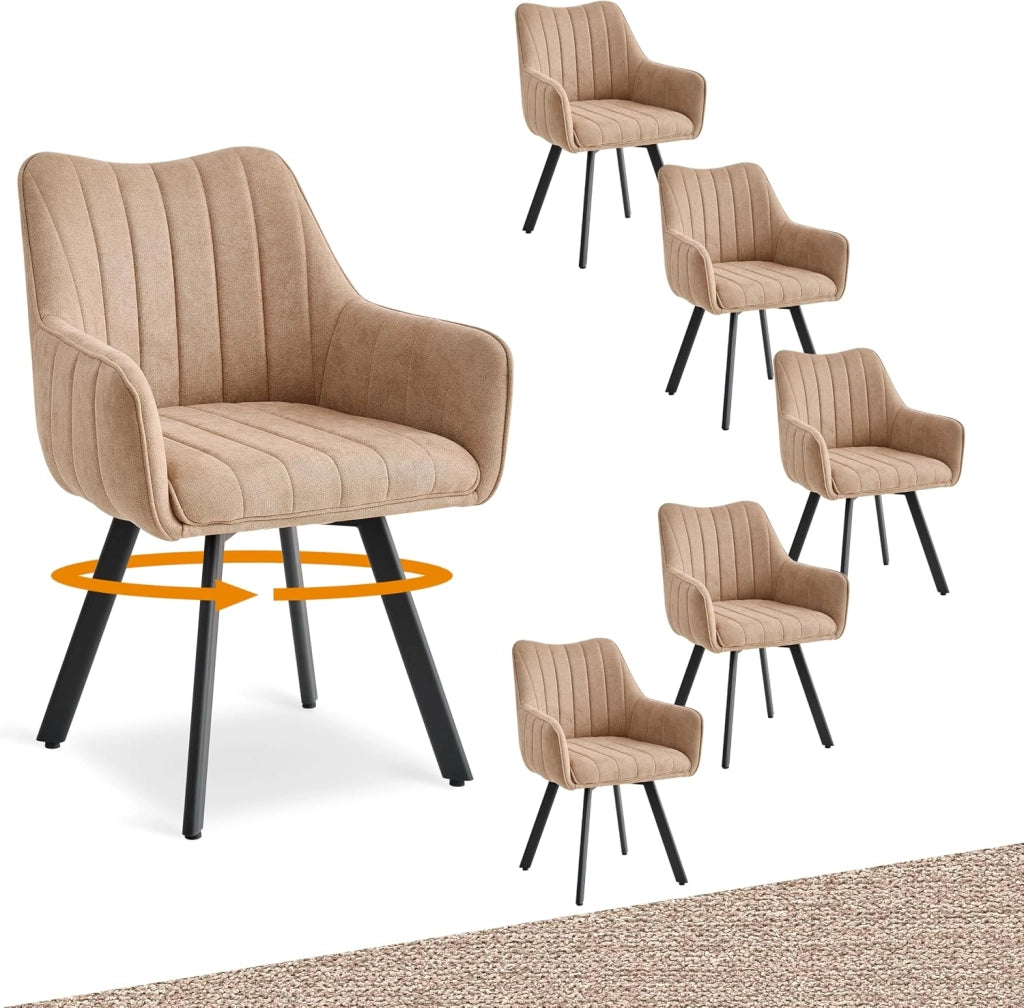 GrandCA HOME Set di 6 Sedie da Pranzo Girevoli, Sedie Imbottite Girevoli a 360°, Poltrone in Lino, Gambe in Metallo, Sedie da Cucina, Adatte per Sale da Pranzo, Cucine e Soggiorni, Grigio Scuro