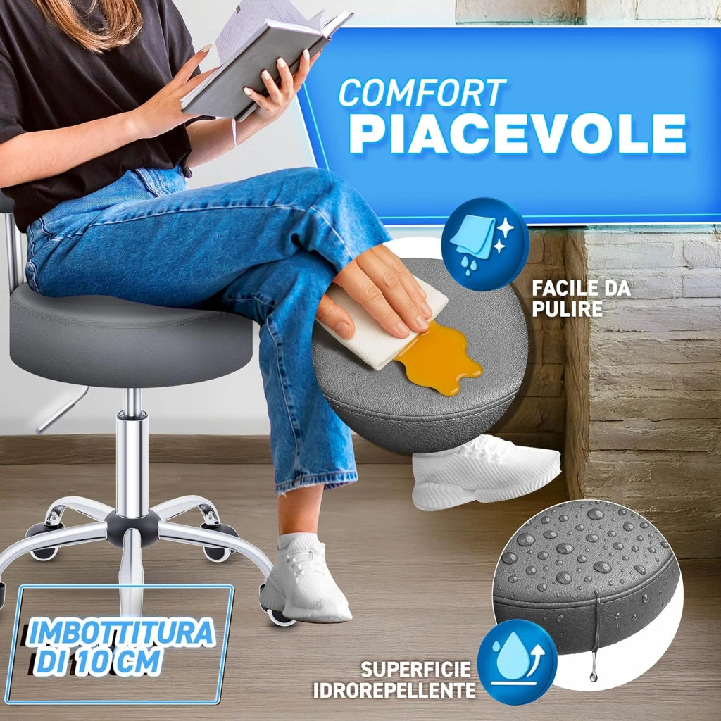 Sgabello Rotante Con Schienale Rosso Vino | Regolabile in Altezza 46-58 Cm | Girevole Con Rotelle | Sedia Da Ufficio Cosmetica (Grigio)