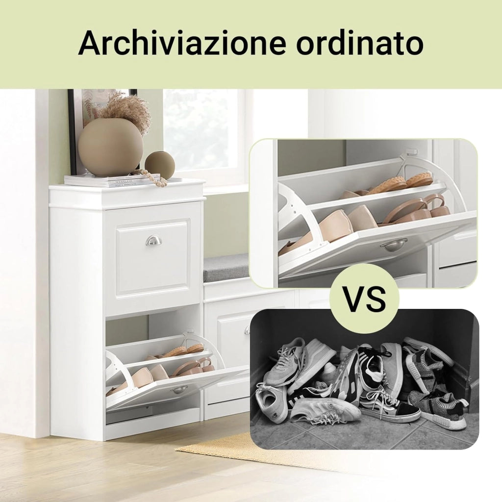 Scarpiera Salvaspazio Slim Mobiletto da Ingresso con 2 Ante a Ribalta, Armadio Portascarpe Scarpiera Legno Moderna per Ingresso, Corridoio o Camera da Letto 54x24x83cm Bianco FSR78-W
