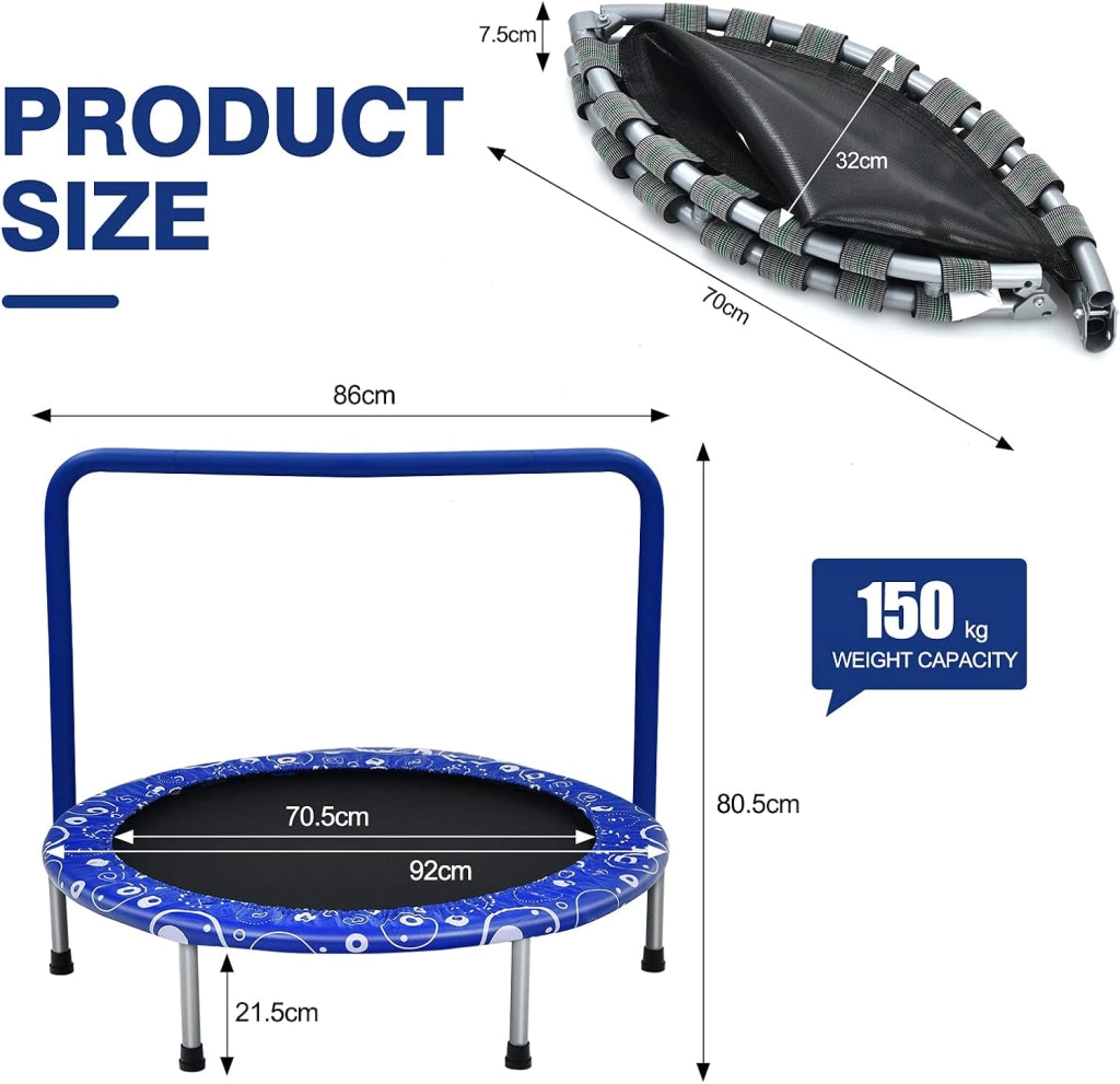 Mini trampolino per bambini φ92 cm, pieghevole, trampolino da fitness con maniglia e copertura di sicurezza, trampolino da giardino fino a 150 kg, trampolino per interni ed esterni