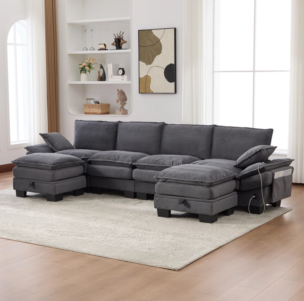 Divano modulare 4 posti ULEVR 330x132x84 cm con 2 pouf, USB-C e tasche laterali, velluto a coste grigio scuro