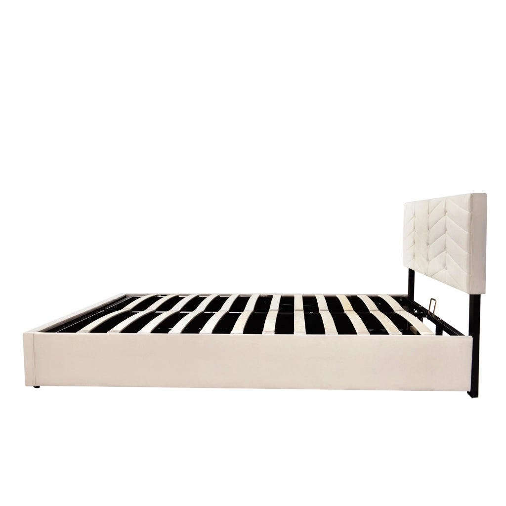 OKWISH Letto Imbottito 140×200 cm, Letto Matrimoniale con Testiera Regolabile e Doghe in Legno, senza Materasso, Velluto, Beige