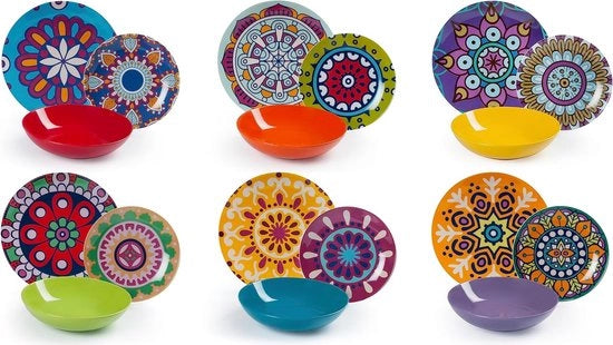 Servizio da tavola in porcellana a 18 pezzi con disegno etnico mandala multicolore