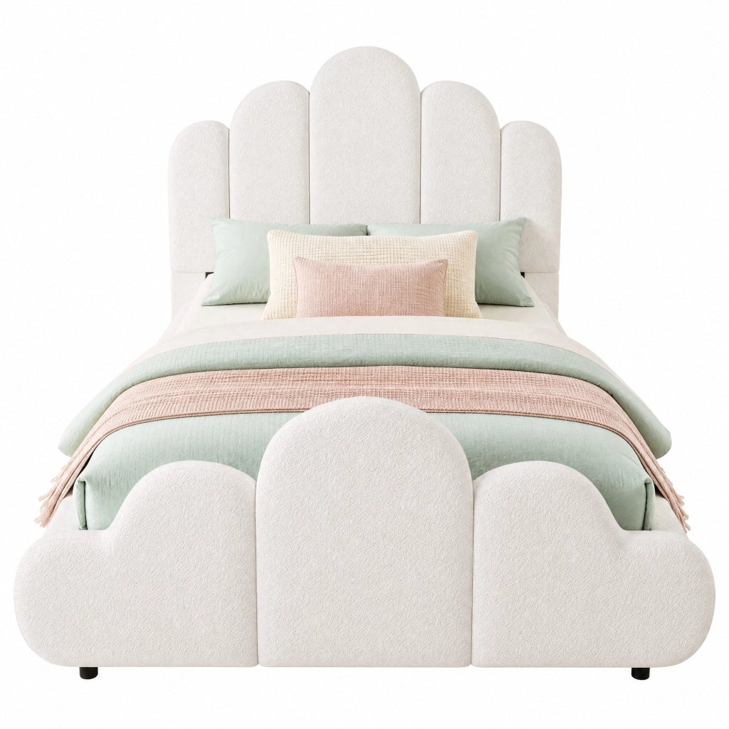 Letto singolo 90x200 cm in bouclé beige, con testiera imbottita, angoli arrotondati e rete inclusa