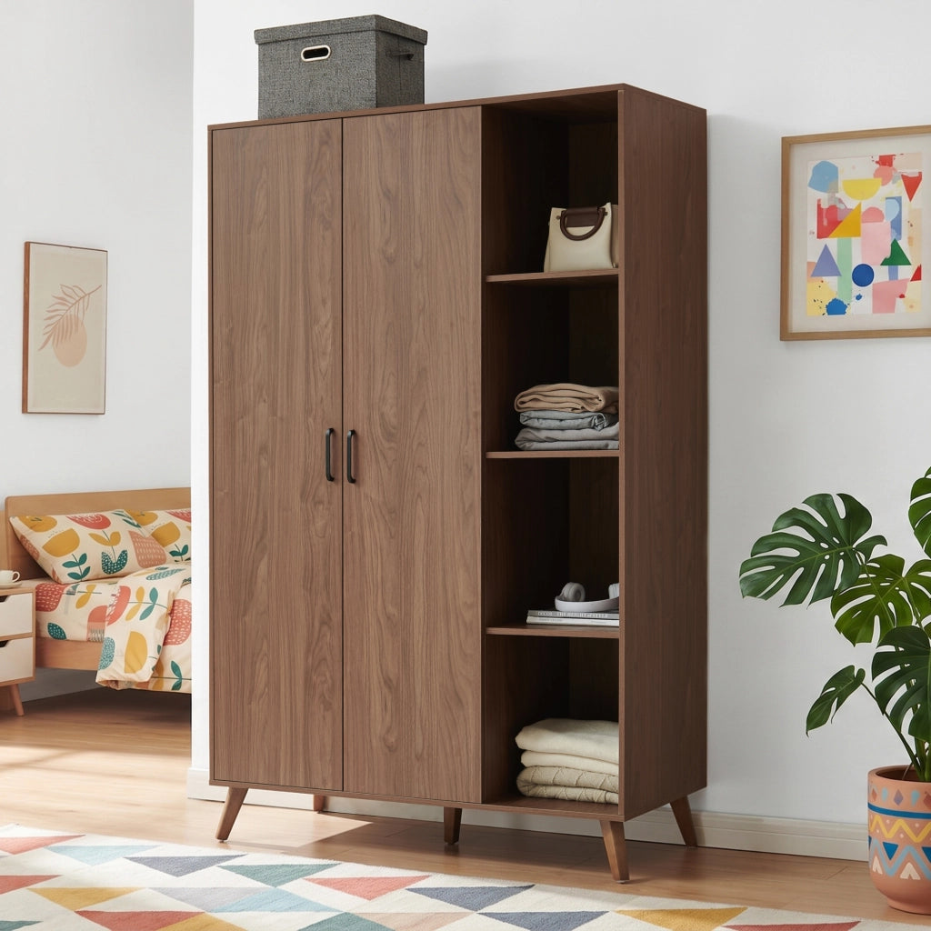 Armadio Guardaroba Norg con 2 Ante e 8 Scomparti 191x120x52 cm - Effetto Noce [en.casa]