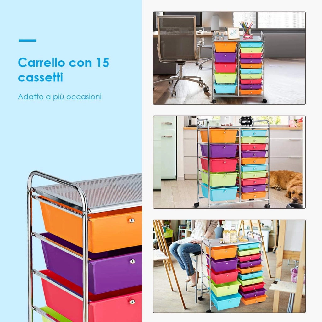 Carrello con 15 Cassetti Impilabili, Carrello di Stoccaggio con Ruote, Carello Portaoggetti per Casa e Ufficio, 62,5 x 37 x 87 cm (Vivace)