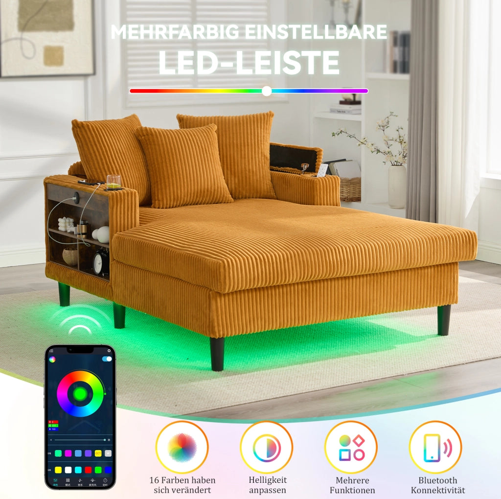Chaise longue con LED; USB; contenitore e portabicchieri in velluto a coste giallo senape