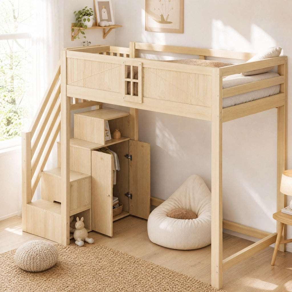 Letto a soppalco 90x200 cm in legno naturale con scala reversibile e vani contenitore