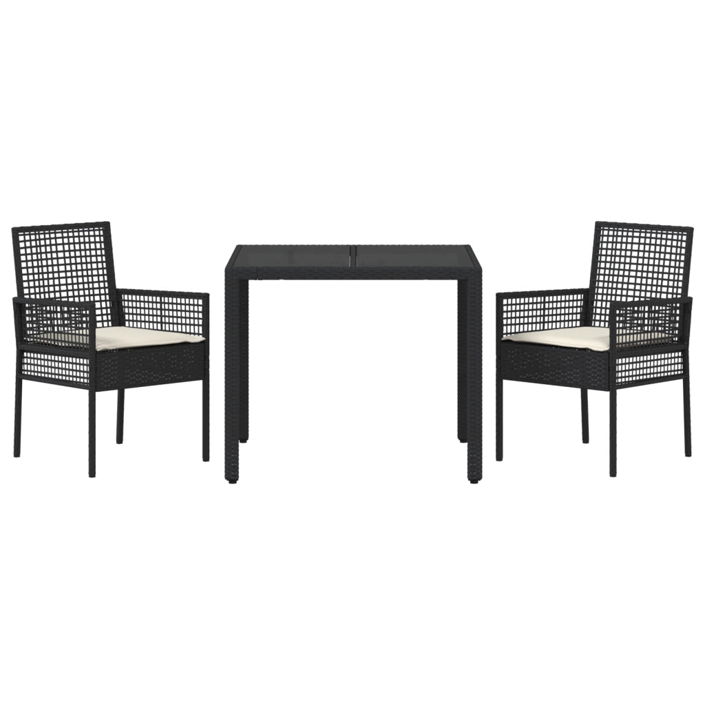 Set da Pranzo da Giardino a 3 Pezzi con Cuscini in Polyrattan Nero