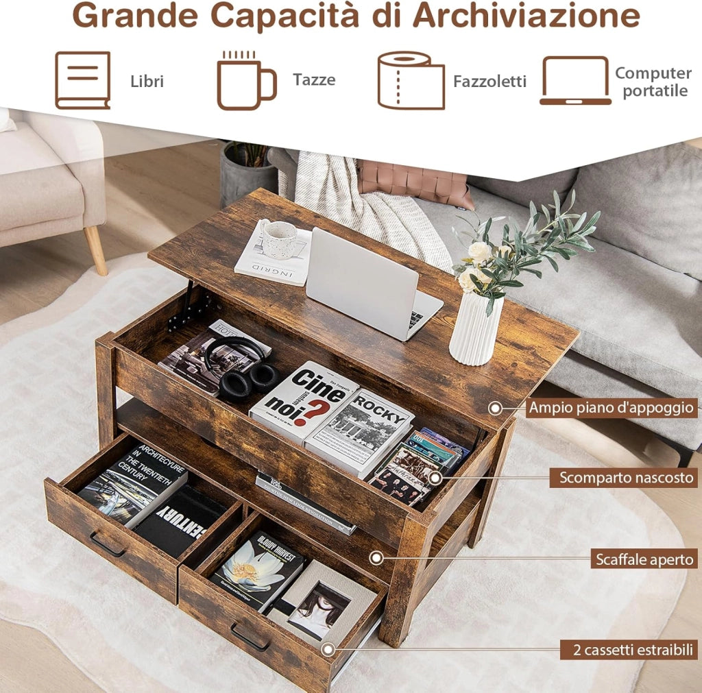 Tavolino da Caffè Sollevabile, Tavolino da Divano Industriale con 2 Cassetti, Vano Chiuso, Ripiano e Sistema di Sollevamento Pneumatico, Tavolino da Salotto, Studio e Ufficio
