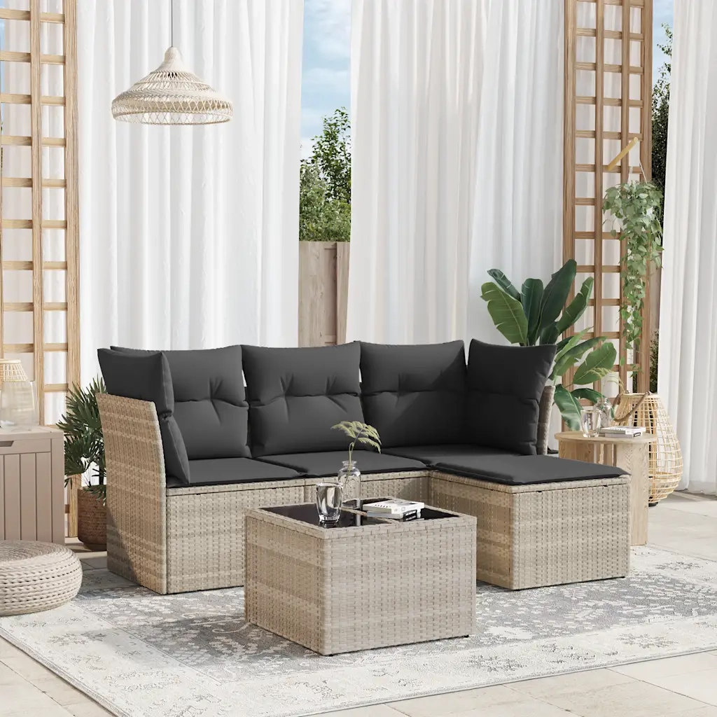 Set Divano da Giardino 5pz | Set Salotto da Giardino con Cuscini Grigio Chiaro Polyrattan