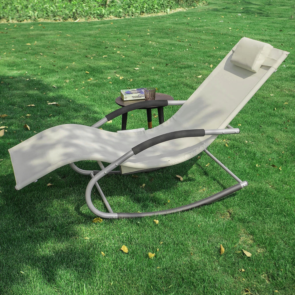 SoBuy Lettino Sdraio da Giardino a Dondolo - Sedia a Dondolo da Esterno in Textilene Beige con Telaio in Metallo, 150x63x87cm, Lettino Prendisole per Terrazza, Piscina, Patio, OGS28-MI