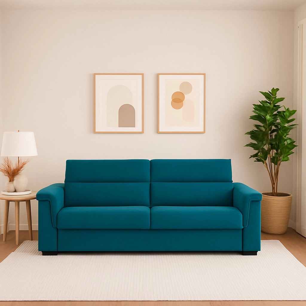 Brusasco, Divano Letto 2 Posti Sfoderabile Made in Italy, 205x95 cm Azzurro