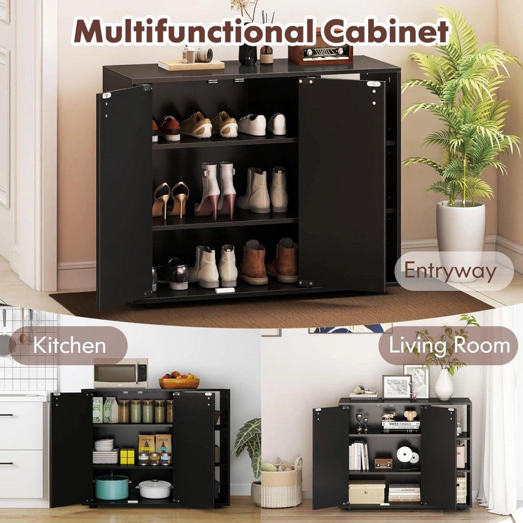 Scarpiera a 3 ripiani con 2 ante e 3 scomparti aperti con ripiani rimovibili, cassettiera per ingresso, corridoio e soggiorno, 80 x 31 x 64,5 cm (nero)