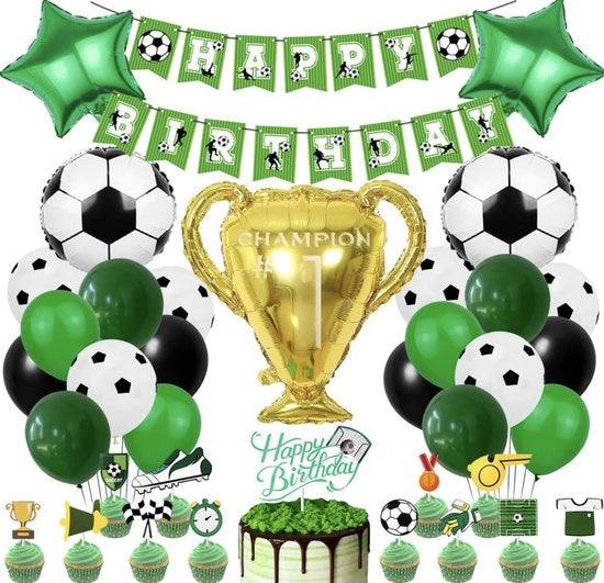 Set di Decorazioni per Festa di Compleanno Calcio XLG - Palloncini, Trofei & Bandiera di Buon Compleanno - Tema Sportivo Verde/Nero Decorazioni per Festa di Compleanno Bambino