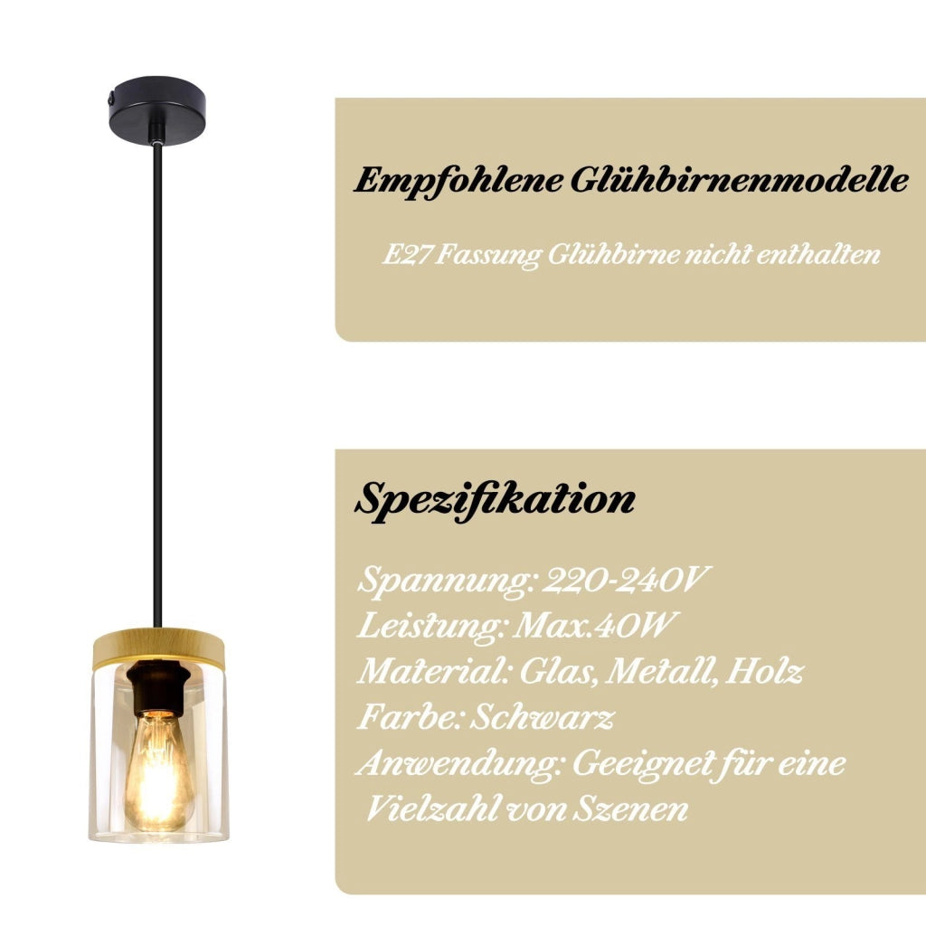 Lampada a sospensione ZMH retr¨° nera E27 da 12 centimetri di diametro in combinazione di legno di metallo e paralume