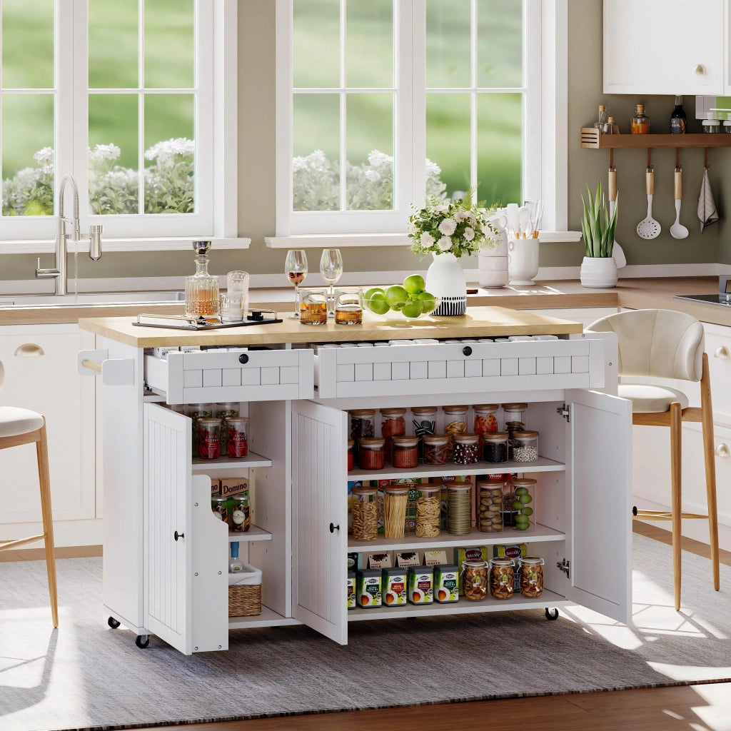 Isola cucina moderna con piano ribaltabile, 2 cassetti, mobile su ruote con ripiani e porta spezie, bianco/naturale, 137 x 89,5 x 45 cm
