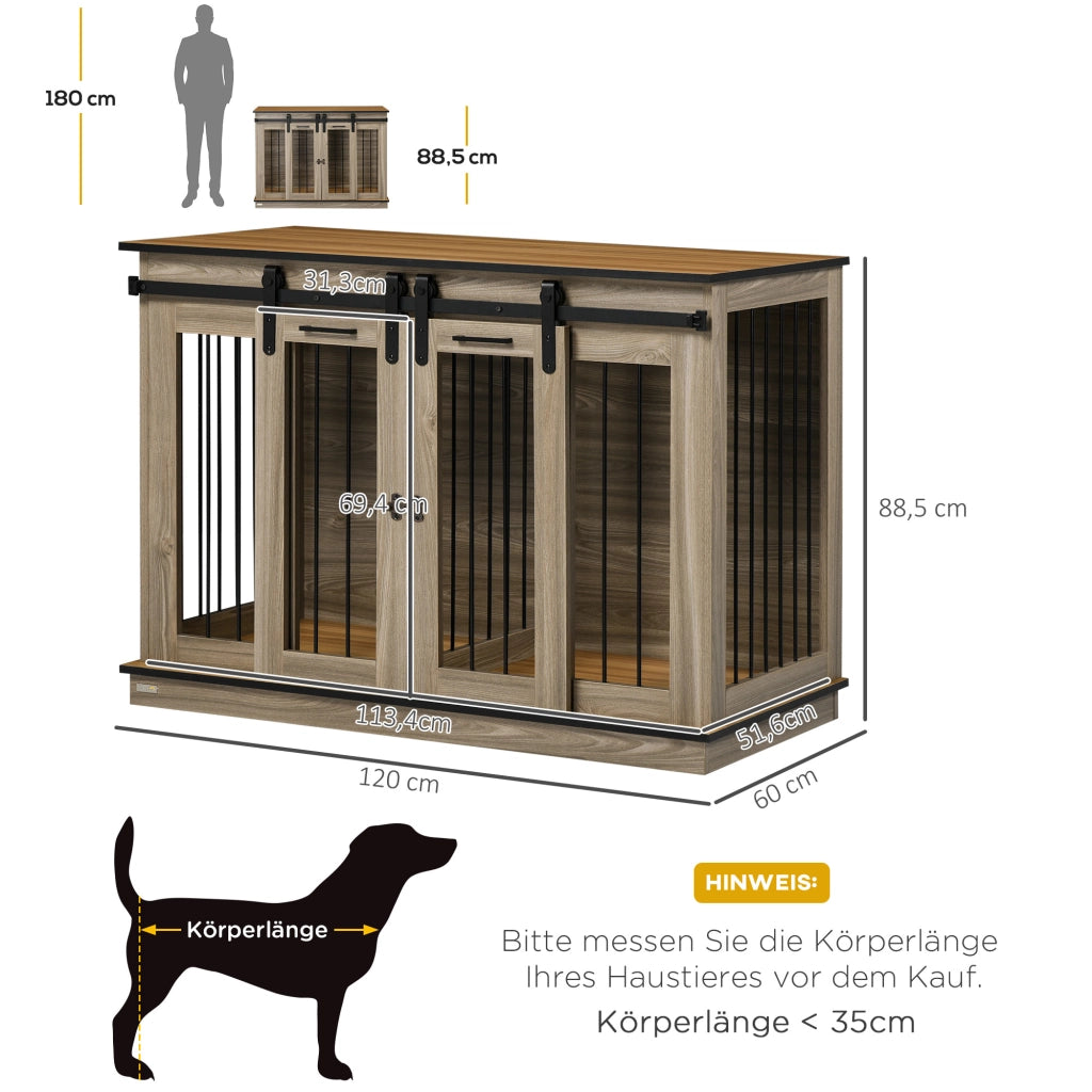 Gabbia per cani 2 in 1 con divisorio e 2 porte per interni in metallo e legno color rovere 120 × 60 × 88,5 cm