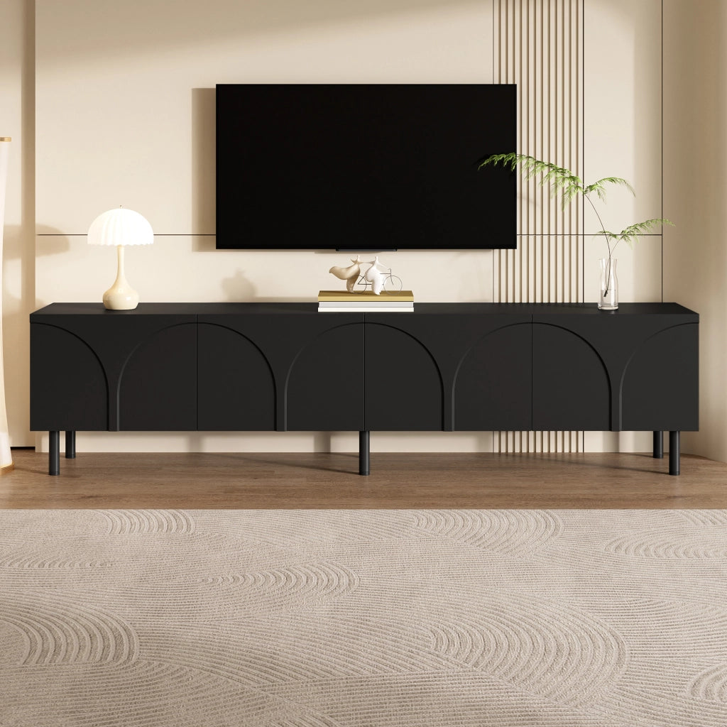 Mobile porta TV con 4 ante e 2 vani separati, piedi in metallo, per soggiorno, in MDF e PB, nero, 180 × 35 × 49 cm