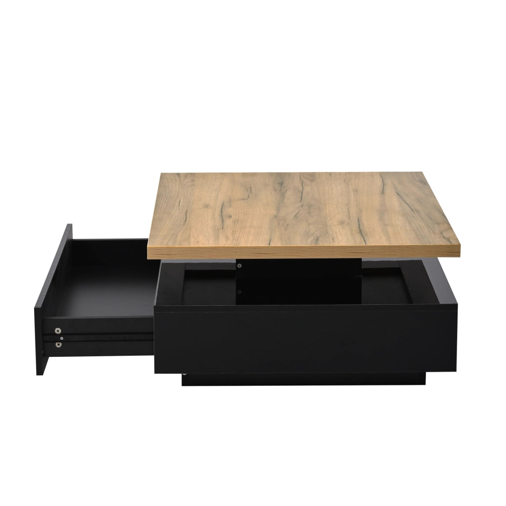 Tavolino basso con piano girevole a 360° e vano contenitore, per soggiorno, in truciolare, noce e nero, 70 × 70 × 36 cm