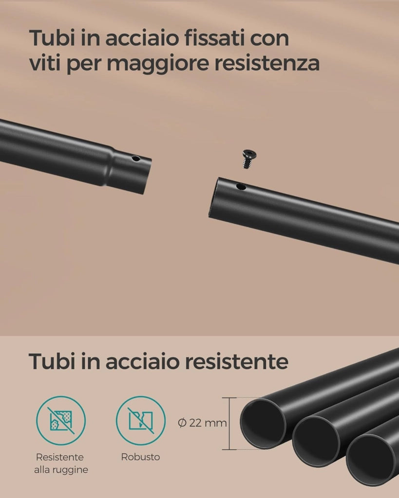 SONGMICS Stand Appendiabiti con Ruote, Attaccapanni Doppio con Ripiano, Largo 98,5 cm, Regge 100 kg in Totale, Struttura in Acciaio, Marrone Vintage e Nero Inchiostro HSR152B01