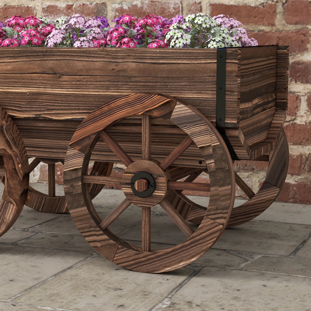 Carrello portafiori in legno con manico, fioriera da esterno con ruote, 34 L, marrone