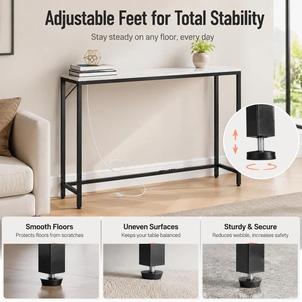 Marble Console Table, Modern Long Hallway Table (110 Cm) With Power Outlet, Thin Sofa Side Table With Iron Pipes, Anti-tip Device & Triangular Support For Living Room, Hallway, Entrance Area