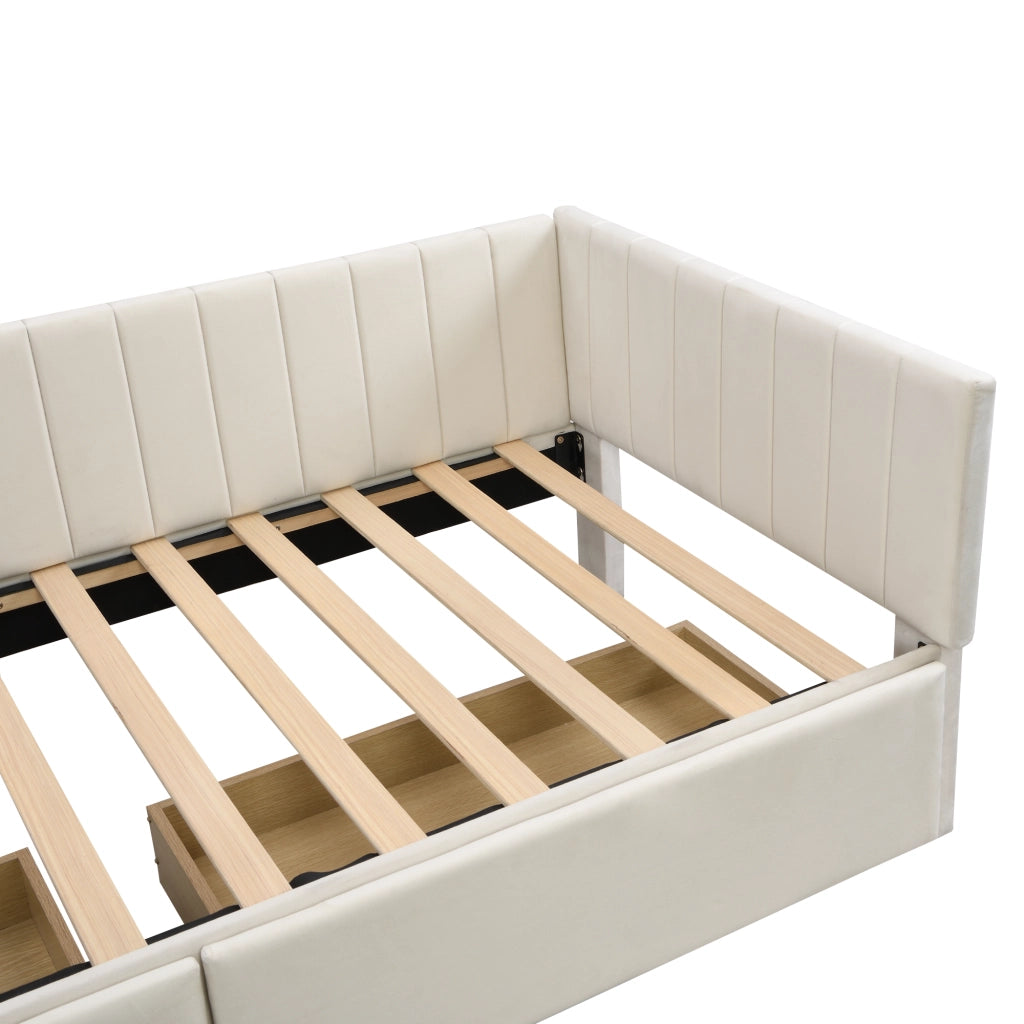 OKWISH Letto Divano 1 Posto, 2 Cassetti e Braccioli, 90 x 200 cm, senza Materasso, Beige, Imbottito