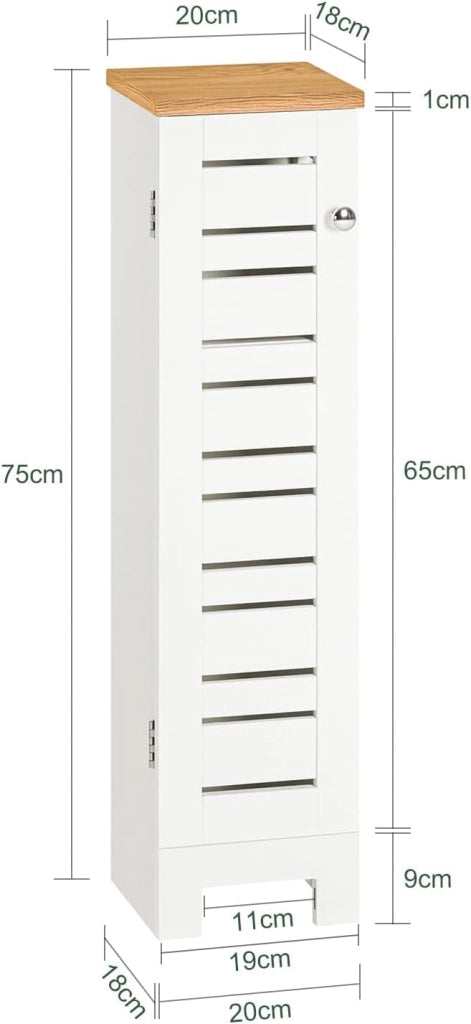 Armadio da Bagno Stretto – Mobiletto Salvaspazio in Legno – Porta Rotolo Freestanding per WC, Mobile da Bagno Resistente all'Umidità, Bianco-Naturale, 20x75x18 cm, BZR85-W