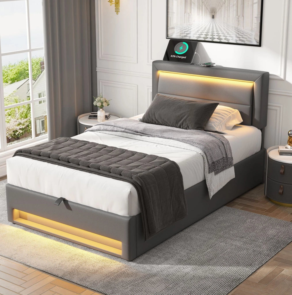 Letto imbottito 90x190 cm; USB e LED; con spazio contenitore; PU grigio (Senza materasso)