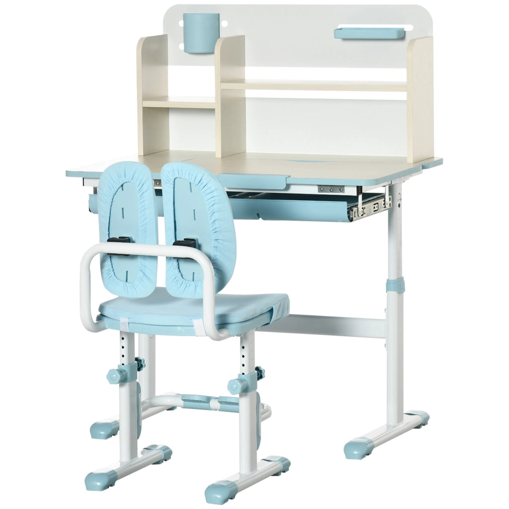 Scrivania Regolabile per Bambini con Sedia ¨C zephmum ¨C Azzurro, Legno e Metallo, 90x50x75 cm