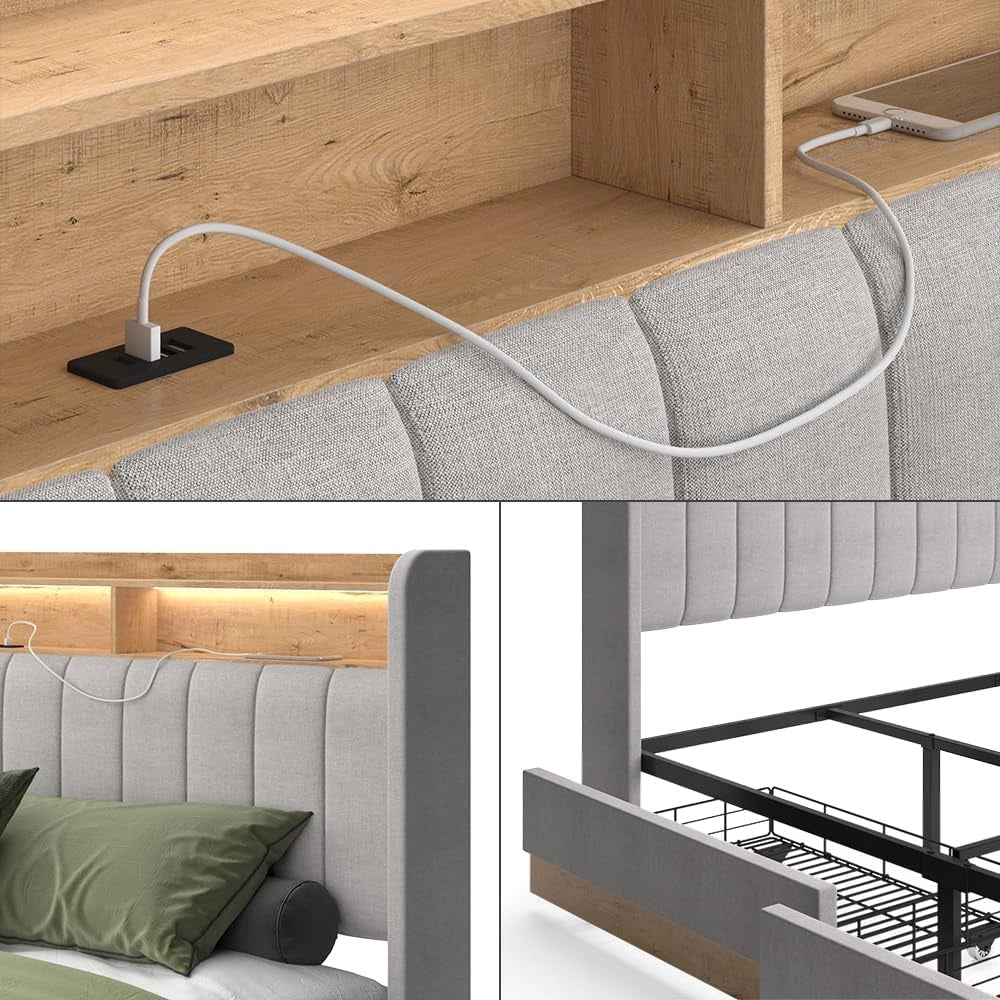 Letto imbottito Nura, Grigio, 180x200 cm con 4 cassetti, con porta di ricarica USB, illuminazione LED e telecomando