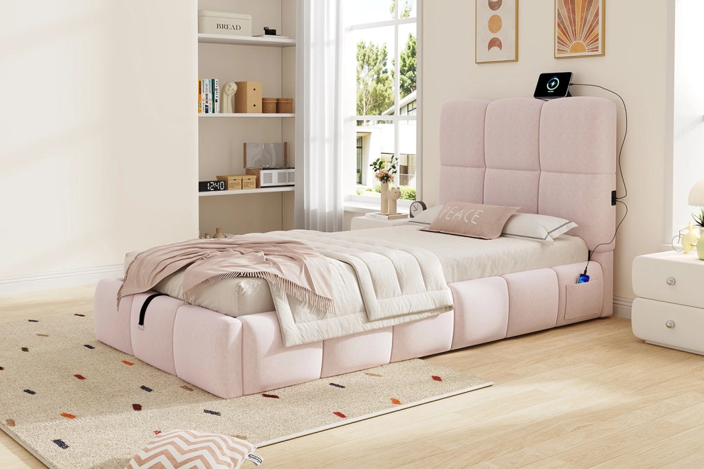 Letto per bambini singolo 90 × 200 cm con contenitore idraulico, USB e porta tipo C, senza materasso, rosa