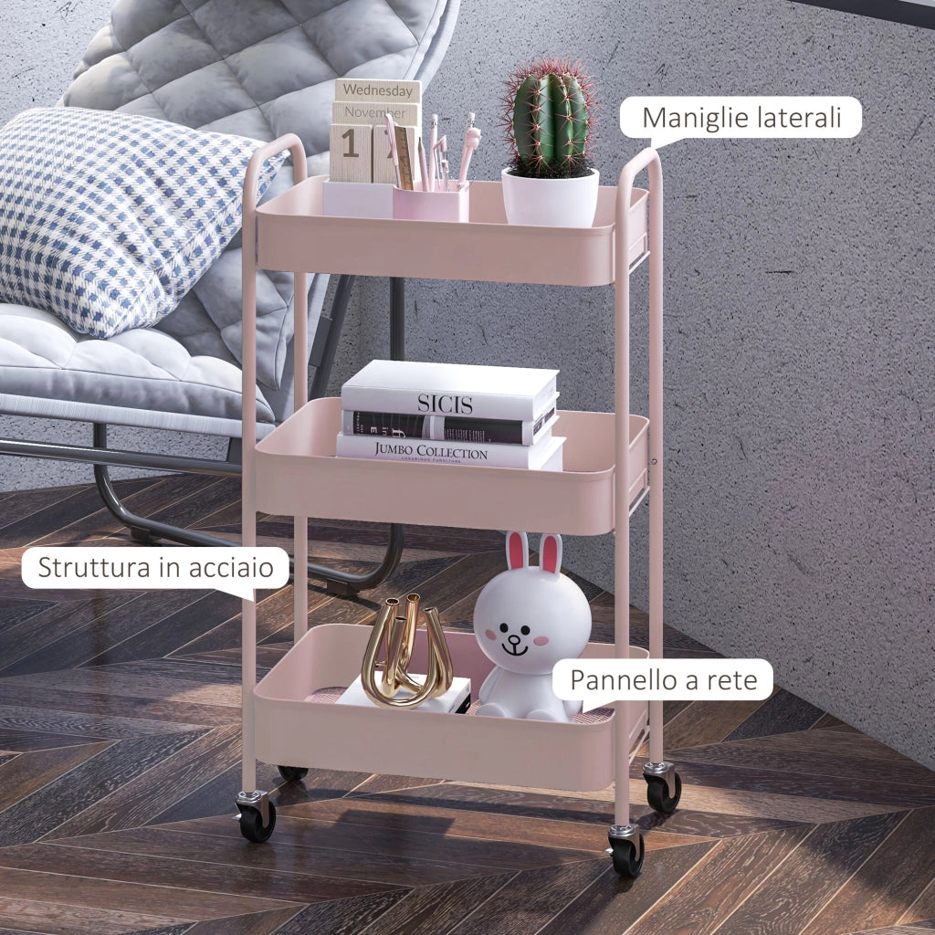 Carrello da Cucina a 3 Livelli ¨C zephmum ¨C Acciaio, Rosa, 45x30.6x79 cm