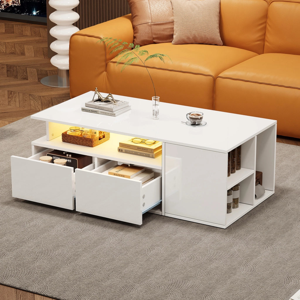 Tavolino da Salotto con 2 Cassetti e LED; Contenimento a 3 Livelli; Bianco Lucido; in Truciolare; 100×50×35 cm