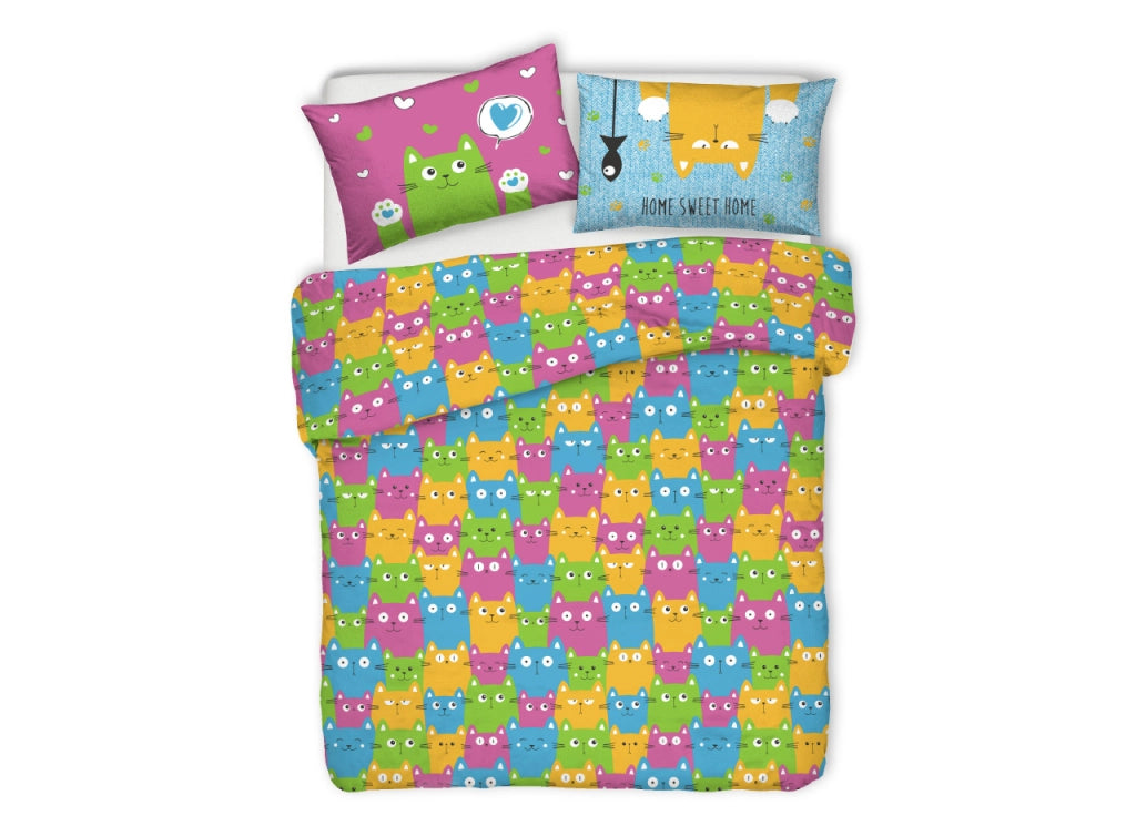 Copripiumino Sacco Piumone Pensieri Delicati Cotone Disegno Happy Cat Multicolor - Matrimoniale - Multicolor