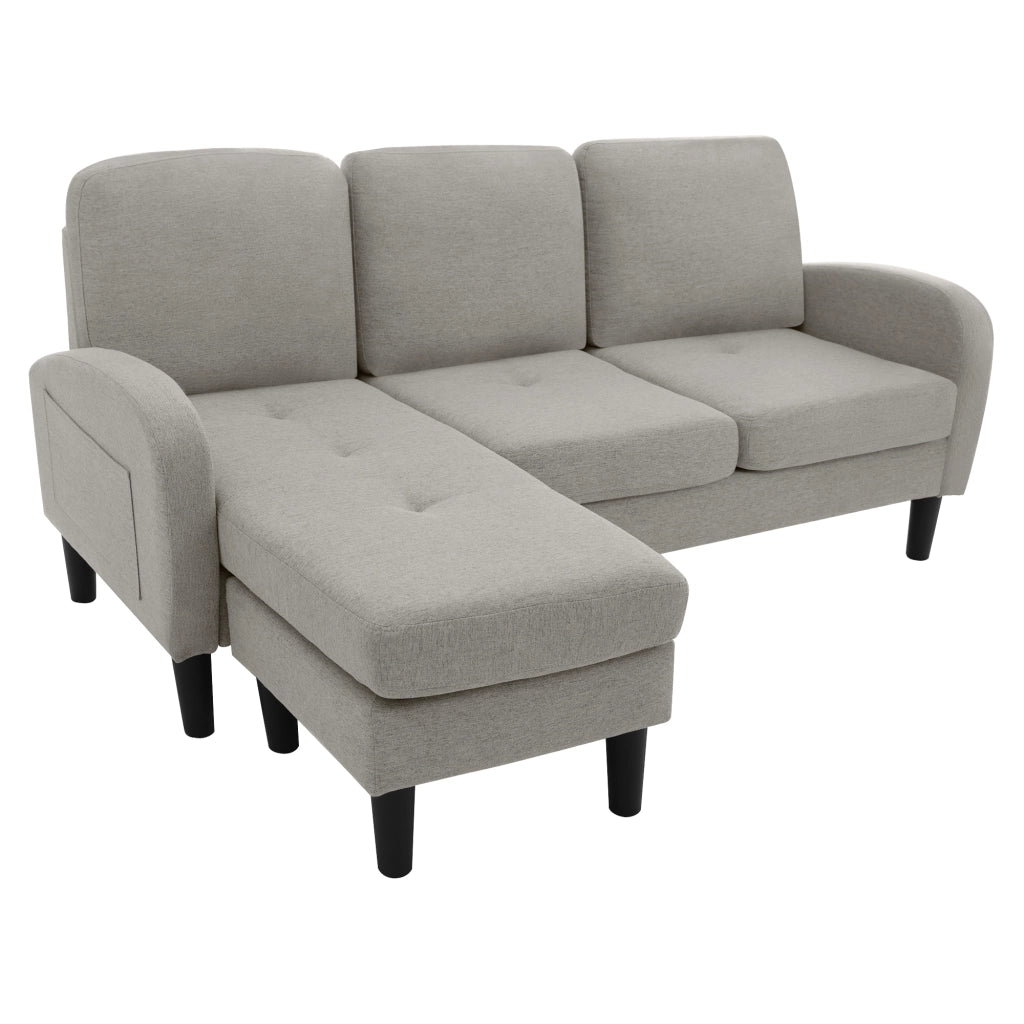 Divano angolare 3 posti con chaise longue reversibile e design modulare in tessuto grigio