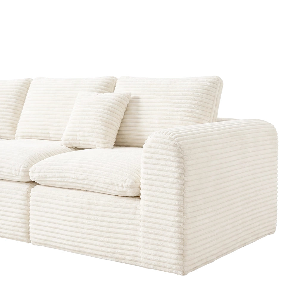 Divano modulare 3 pezzi configurabile con seduta profonda e schienali morbidi in velluto a coste beige per salotto