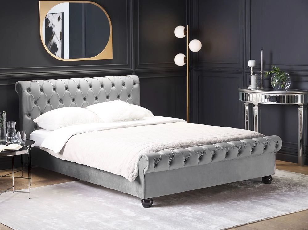Letto ad acqua in velluto grigio chiaro 140 x 200 cm con testiera trapuntata stile glamour