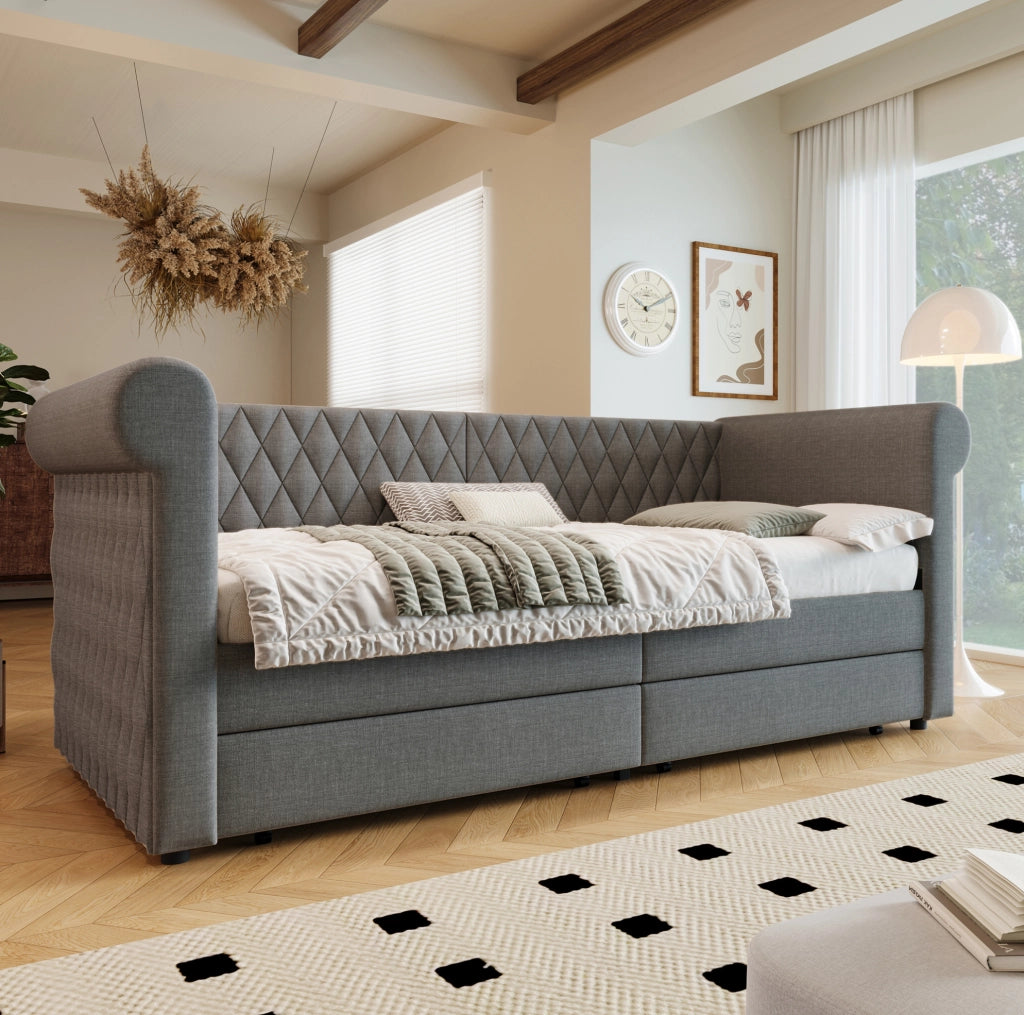 Divano letto vintage 90x200 cm in lino grigio con 2 cassetti