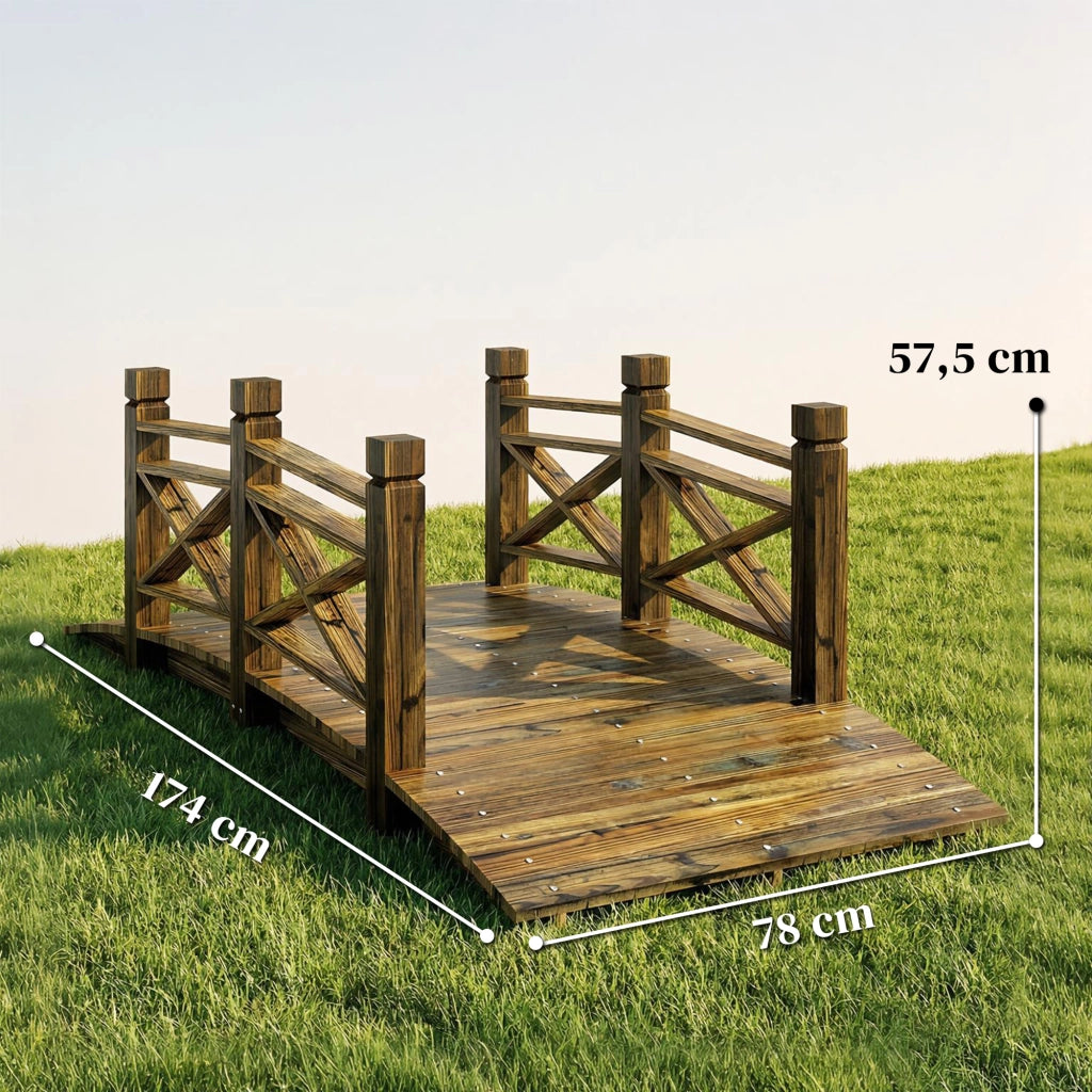 Ponte da giardino in legno con ringhiera ¨C Xylo ¨C 174x78x57.5 cm effetto anticato carbonizzato