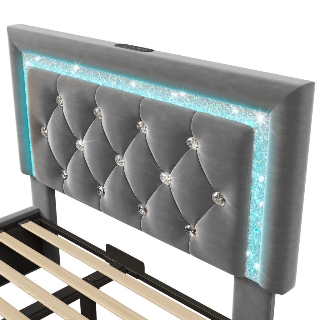 LETTO singolo 90x200 cm in velluto grigio con LED, USB e contenitore