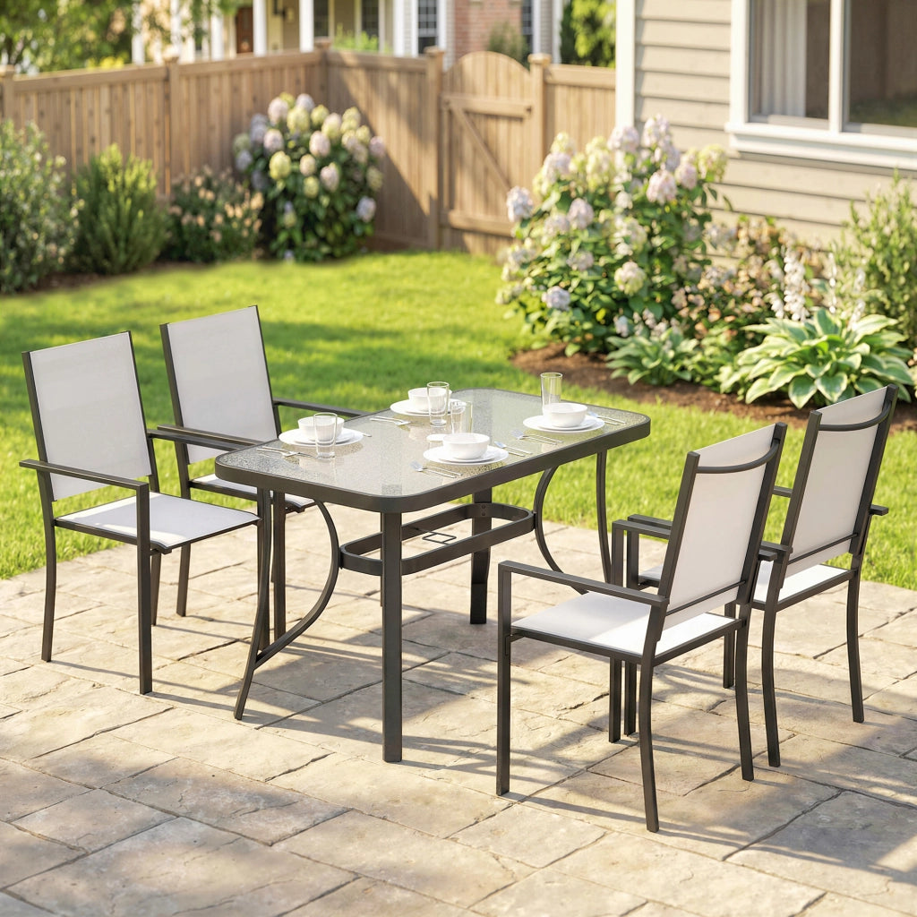 Set da Giardino 5 Pezzi con Sedie Impilabili e Tavolo in Vetro ¨C zephmum ¨C Grigio Chiaro