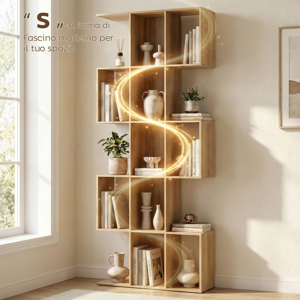 Libreria Scaffale a 5 Livelli a S  80x24x200 cm con 15 Ripiani in Legno Color Rovere