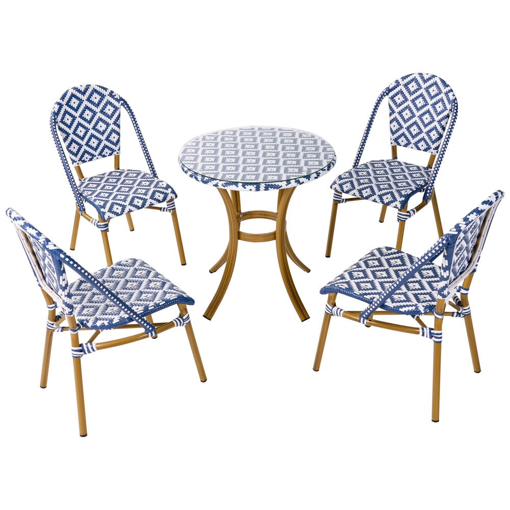 Set da pranzo da giardino a 4 posti Piano in rattan sintetico blu e bianco Tavolo ø 70 e 4 strutture in alluminio impilabili