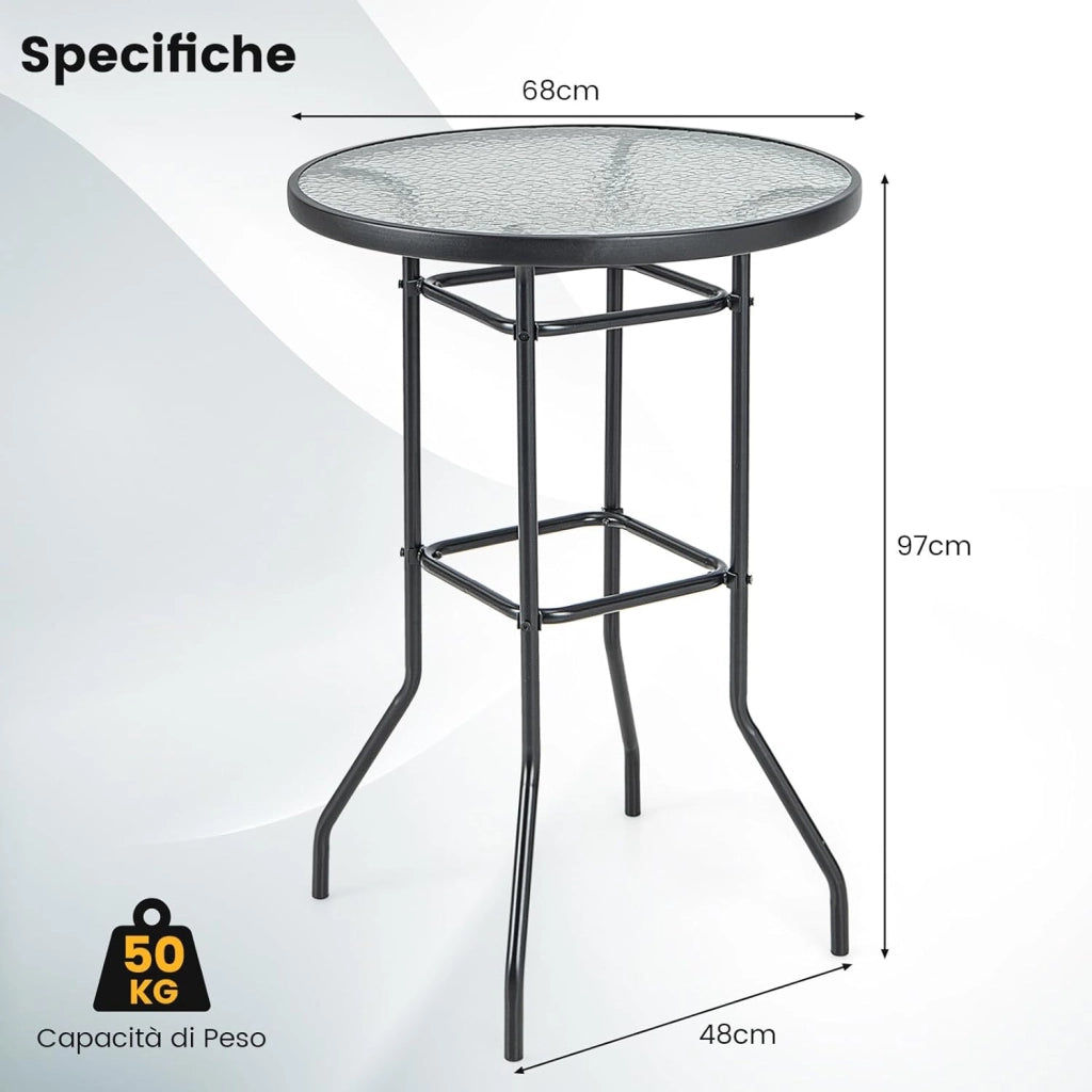 Tavolo da Bar per Giardino, Tavolo 97 cm con Piano in Vetro Temperato e Telaio in Metallo, Tavolo da Esterno per Giardino, Balcone, Cortile, Bordo, 68 x 68 x 97 cm