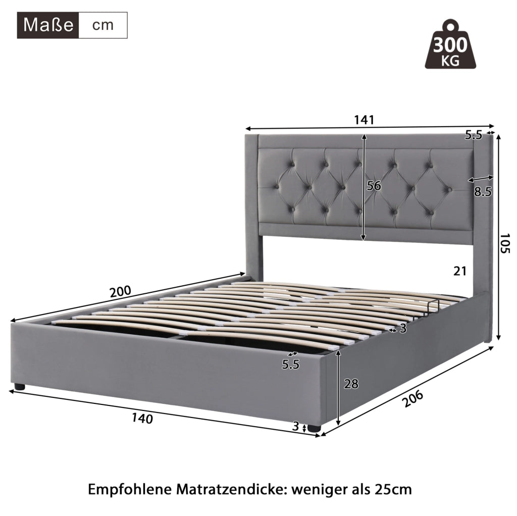 Letto imbottito con contenitore 140x200 cm in velluto grigio; struttura in acciaio